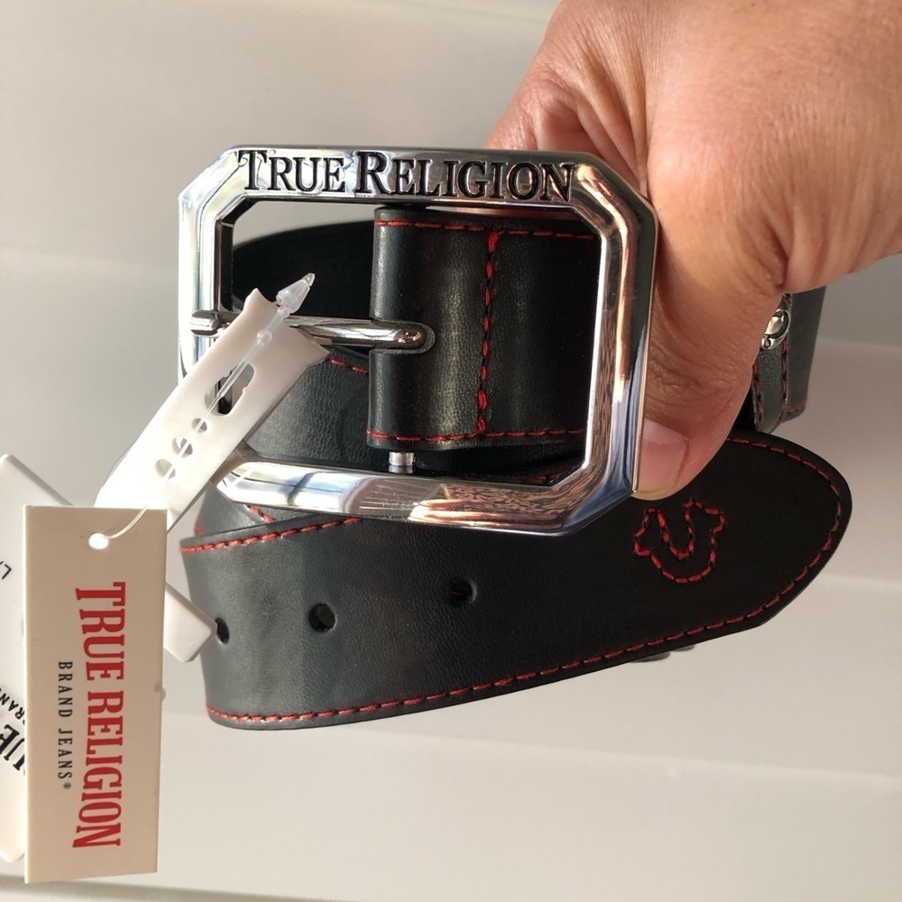 True Religion Black Leather Belt with Red stitching men’s L-XL - Picture 2 of 9